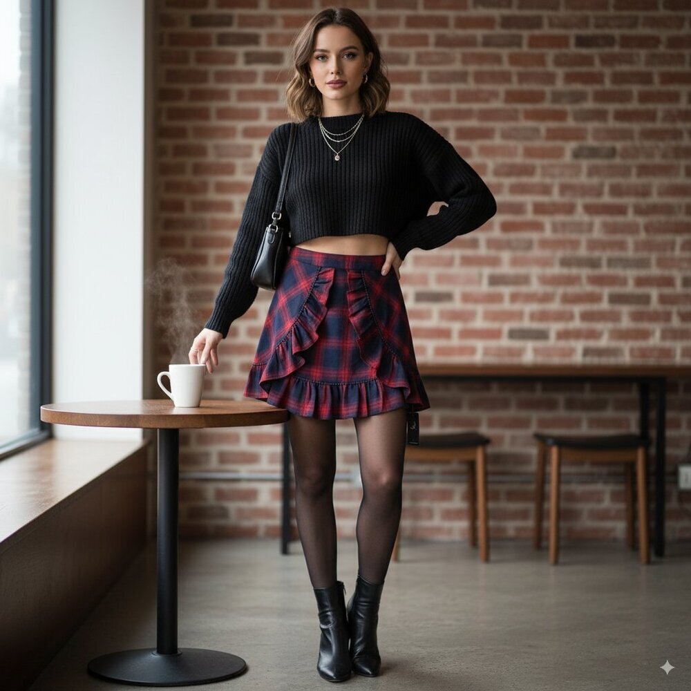 The Fifth Label Nash Check Skirt Navy with Red Cotton Ruffle Mini Size Small NWT